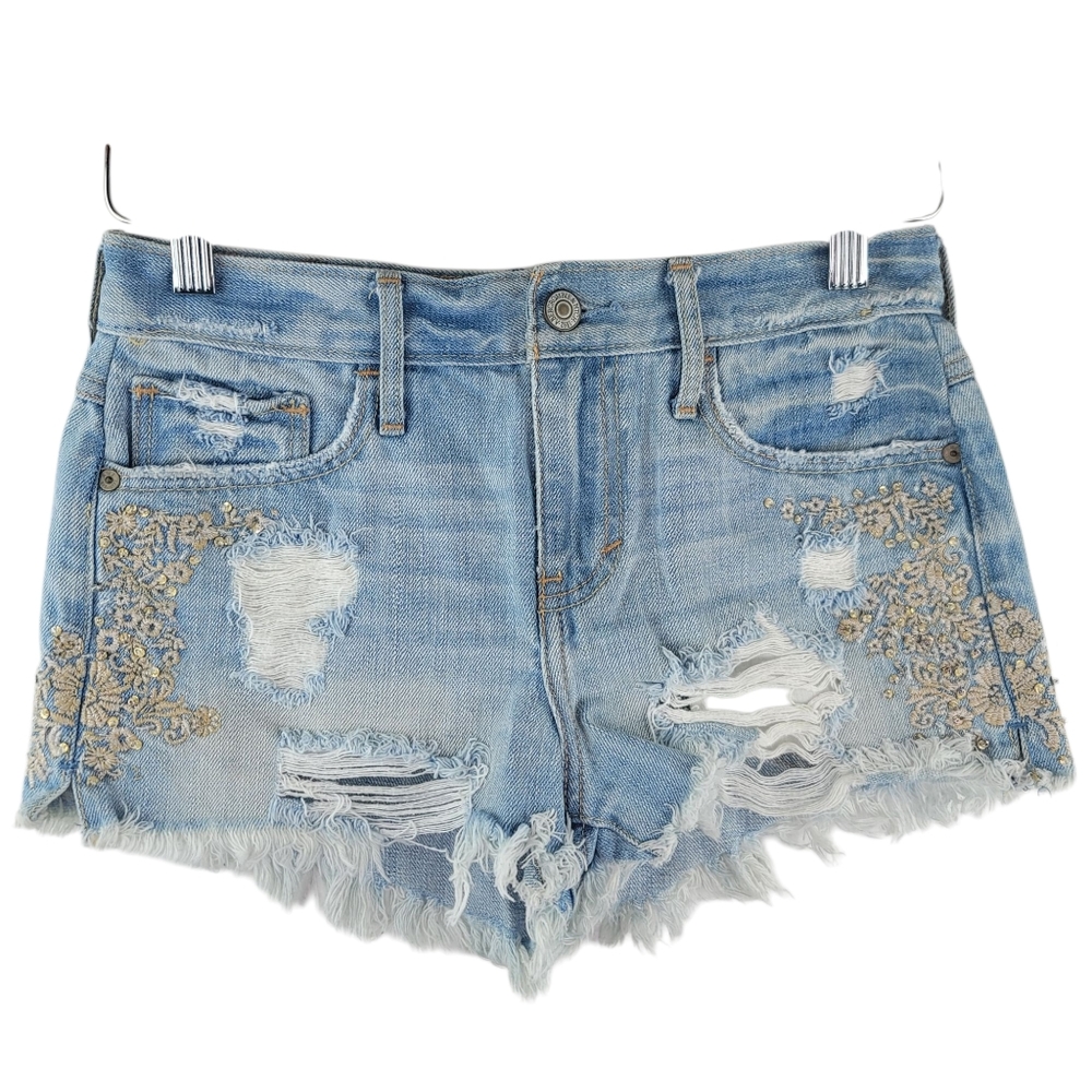 Abercrombie & Fitch Shorts Size 0 Embroidered Distressed Denim Blue Floral Bead
